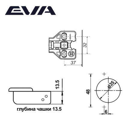 Петля мебельная с монтажной планкой и амортизатором EVA Initial 2way 4D полунакладная 90/105 48 мм фото